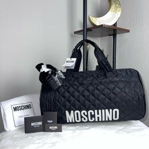 NWT Moschino Couture Black Duffel Bag Silver Designer Logo Travel Crossbody Zip